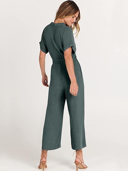 Women's Short Sleeve V-Neck Button Belt Jumpsuit