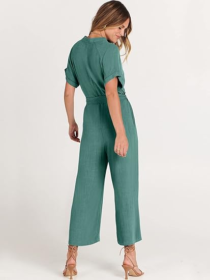 Women's Short Sleeve V-Neck Button Belt Jumpsuit