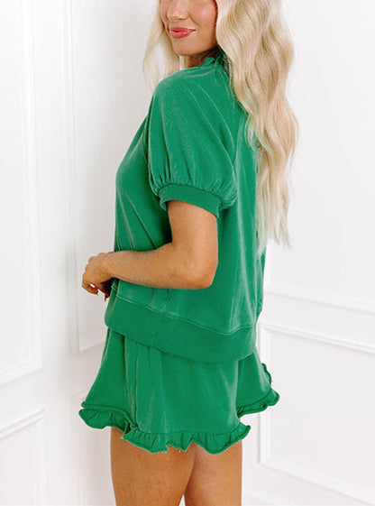✨Women's Casual Puff Sleeve Top and Ruffle Shorts Set