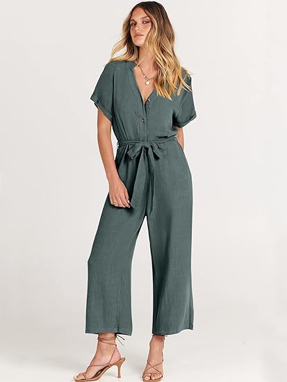 Women's Short Sleeve V-Neck Button Belt Jumpsuit