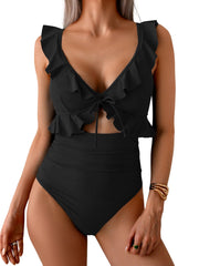 Limited time sale🔥Women Tummy Control Ruffle Bathing Suit V Neck Ruched Swim Suit