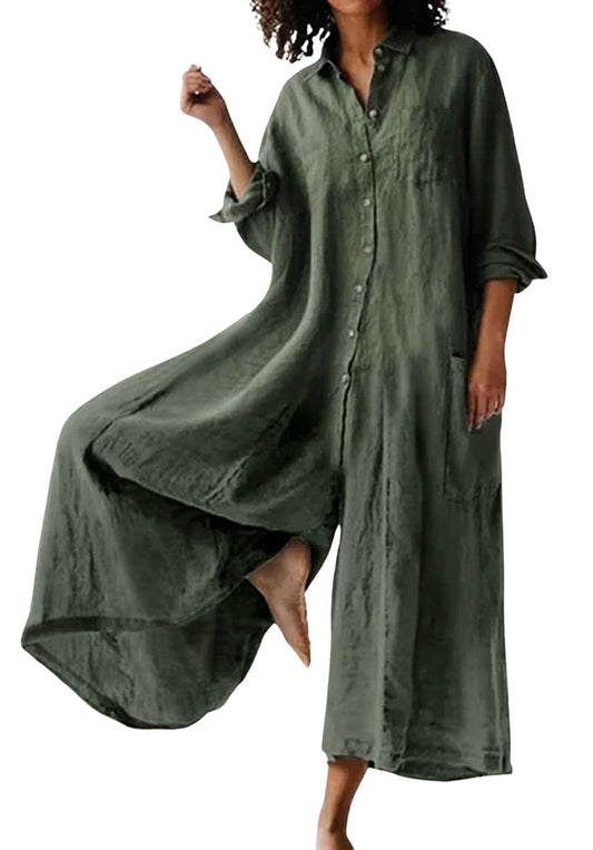 ⏰Hot Sale-Women's Linen Button Down Long Sleeve Wide Leg Jumpsuit