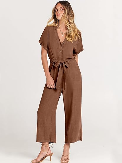 Women's Short Sleeve V-Neck Button Belt Jumpsuit