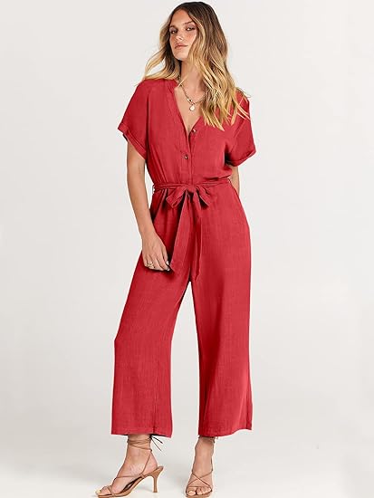 Women's Short Sleeve V-Neck Button Belt Jumpsuit