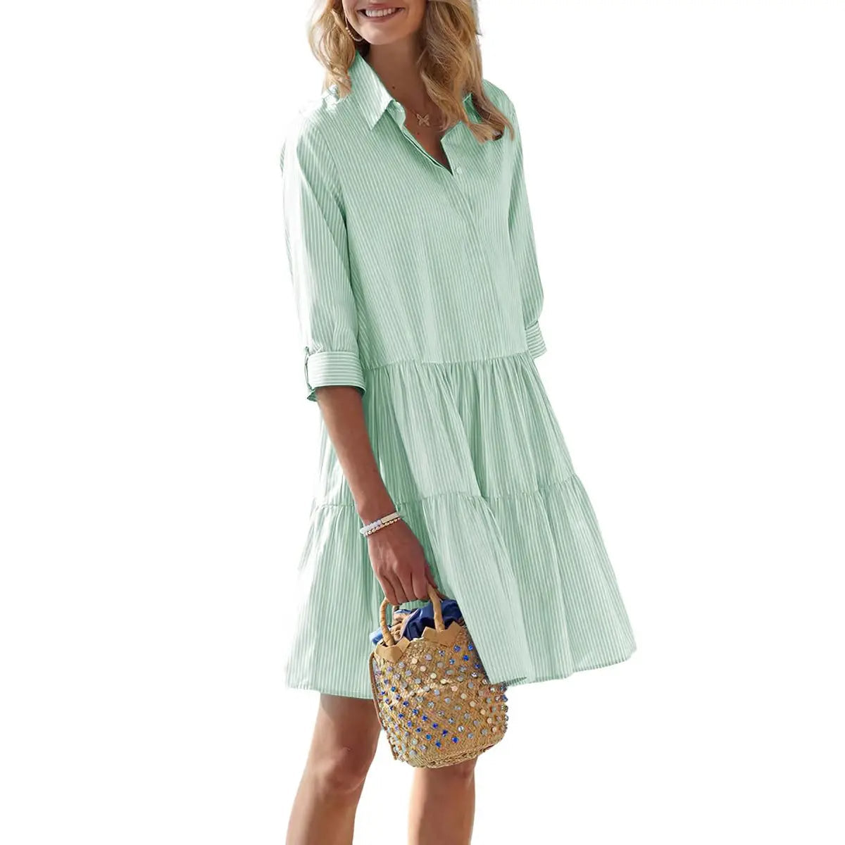 Limited time sale🔥Women's Striped Button Down Shirt Dress Cuffed Sleeve Tiered Dress