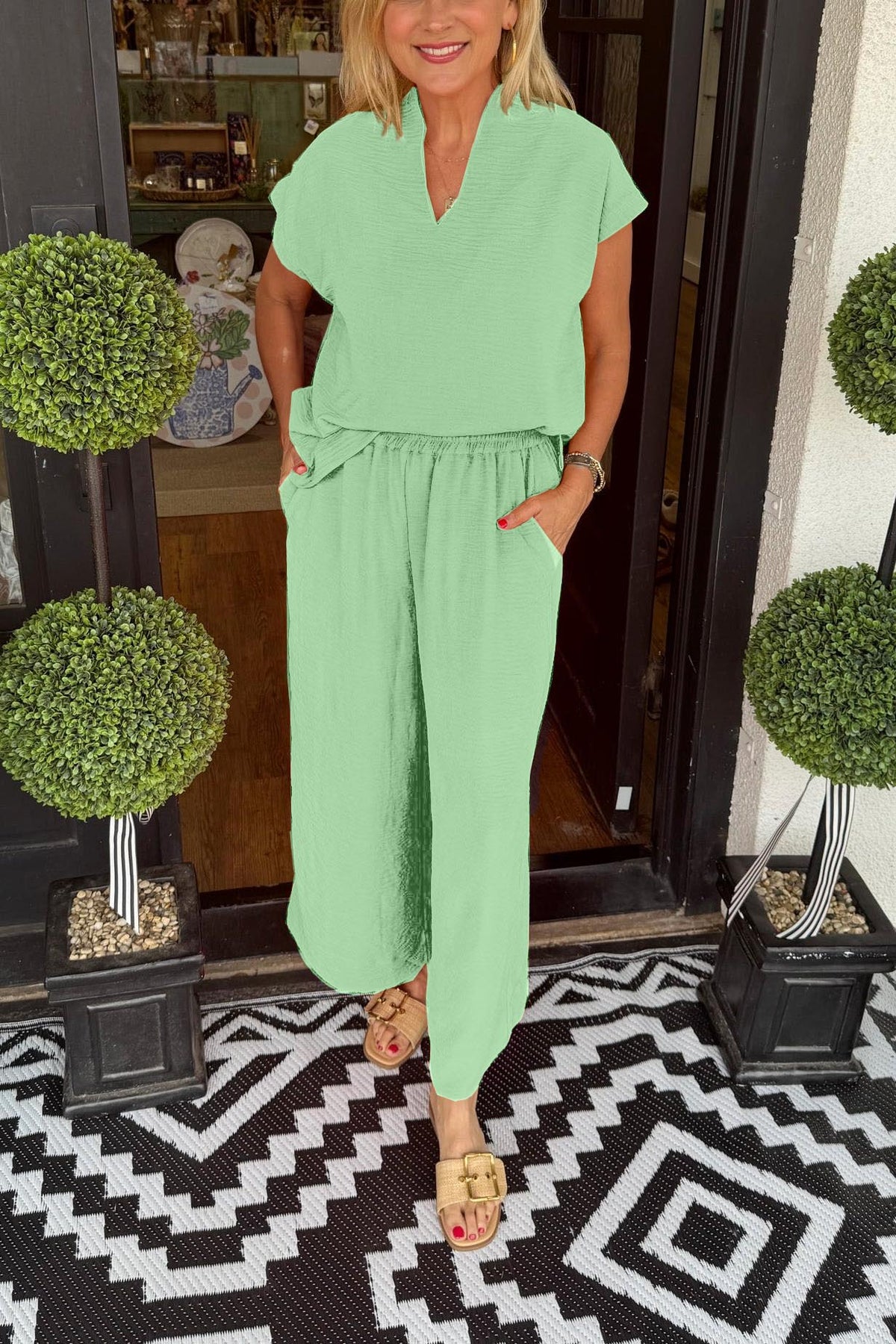 Women's Summer Casual Lightweight V-Neck Two piece Set