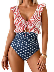 ⏰Hot Sale-Women Tummy Control Ruffle Bathing Suit V Neck Ruched Swim Suit