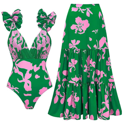 Women Adjustable Shoulder Strip Plant Prints One Piece Swimsuit and Skirt/Sarong