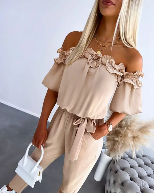 Womens Off Shoulder Frill Hem Tied Detail Jumpsuit