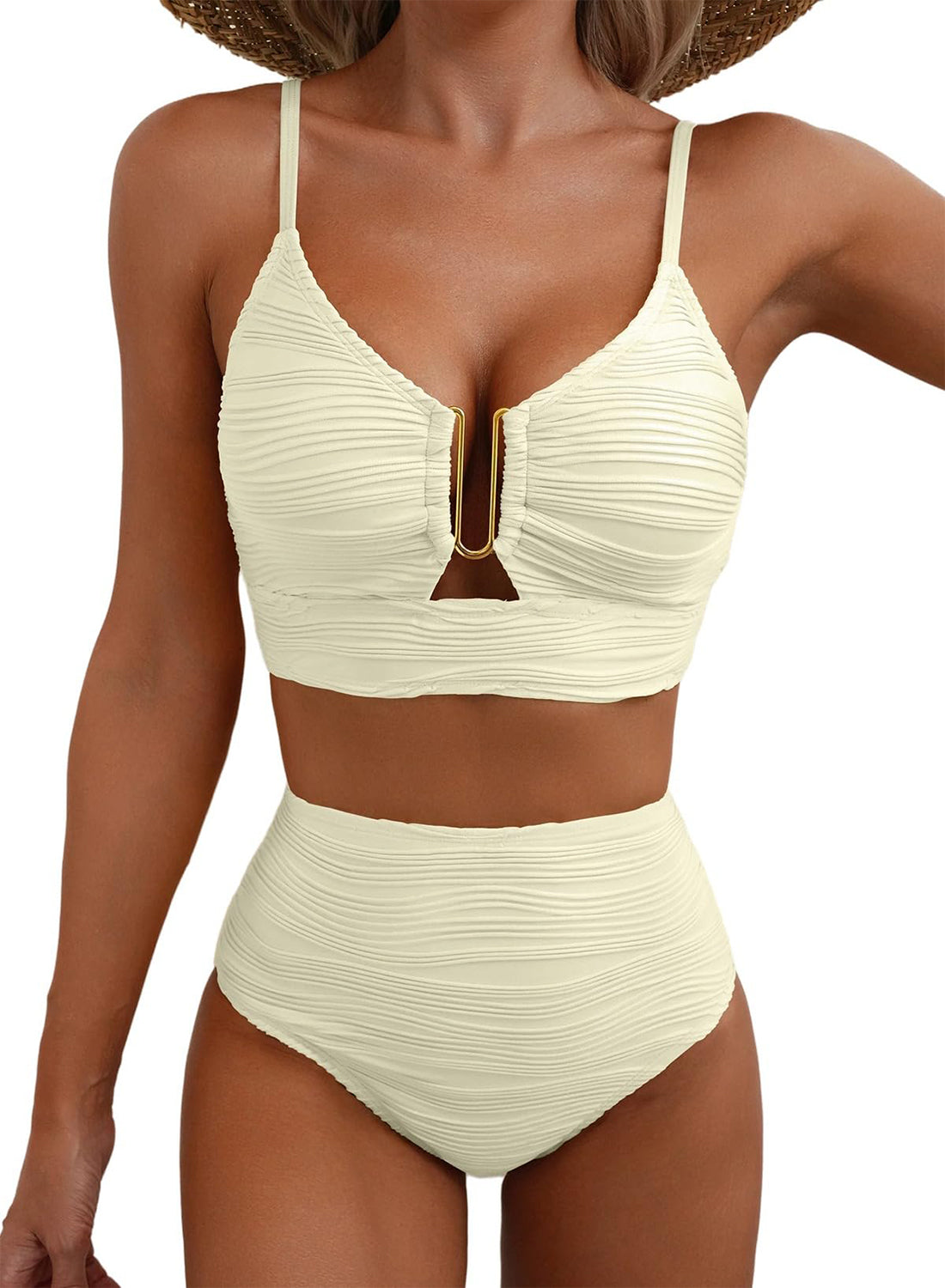 ⏰Hot Sale-Women's U-Wire Cutout Swimsuit High Waisted Textured 2 Piece Bikini Set