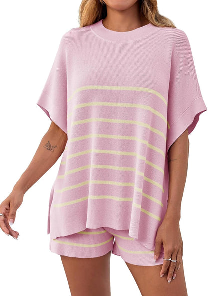 ⏰Hot Sale-Women's Striped 2-Piece Oversized Batwing Sleeve Short Sleeve Top and Shorts Set