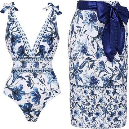 Women Adjustable Shoulder Strip Plant Prints One Piece Swimsuit and Skirt/Sarong