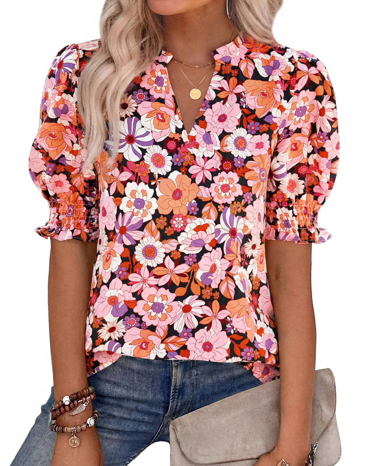 Women Floral Boho V Neck Puff Short Sleeve Top Casual 2026 Summer Blouses