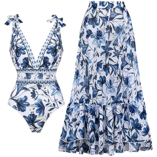 ✨Women Adjustable Shoulder Strip Plant Prints One Piece Swimsuit and Skirt/Sarong