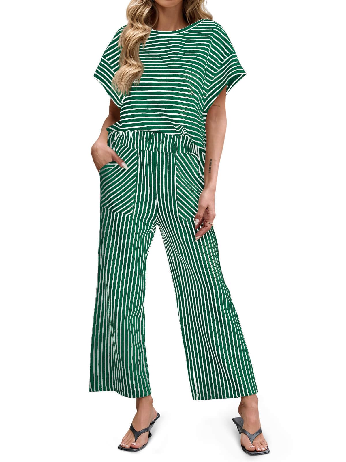 Womens Striped 2 Piece Sets Short Sleeve T Shirts Wide Leg Pants with Pockets