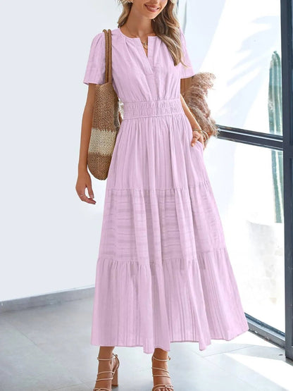 Limited time sale🔥Women's Lightweight Short Sleeve V Neck Elastic Waist Dresses