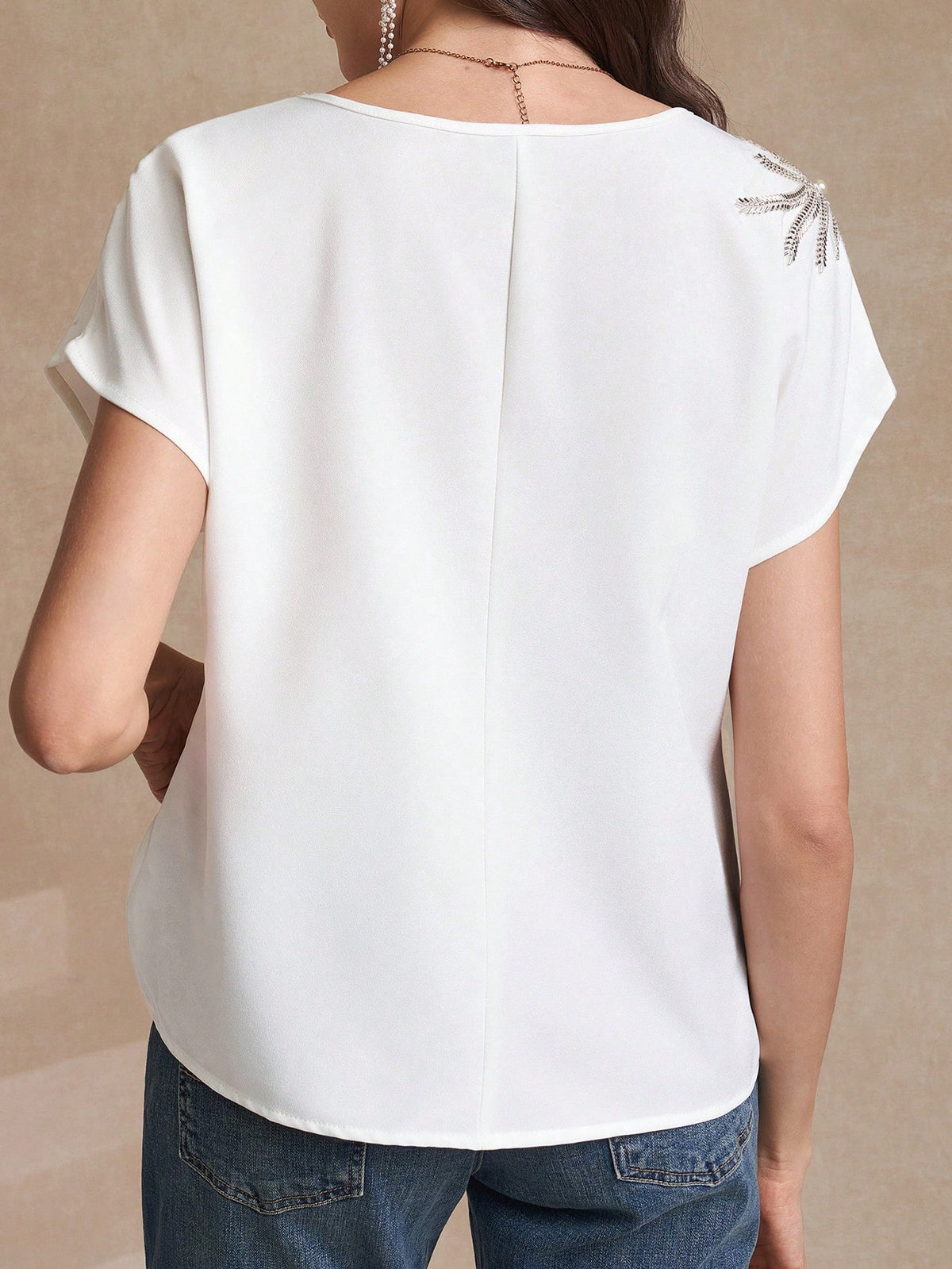 Amorya White,Summer,Elegant,Tea Party Women's Chest Nail Bead Applique Batwing Sleeved Blouse