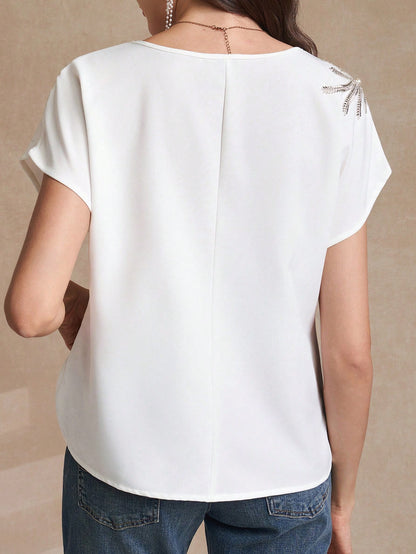 Amorya White,Summer,Elegant,Tea Party Women's Chest Nail Bead Applique Batwing Sleeved Blouse