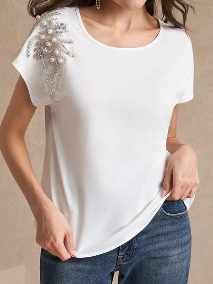 Amorya White,Summer,Elegant,Tea Party Women's Chest Nail Bead Applique Batwing Sleeved Blouse