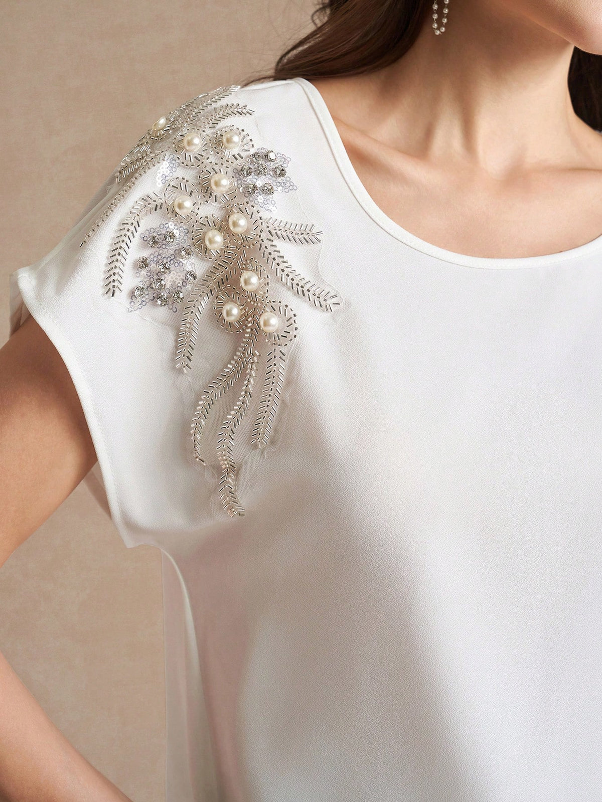 Amorya White,Summer,Elegant,Tea Party Women's Chest Nail Bead Applique Batwing Sleeved Blouse