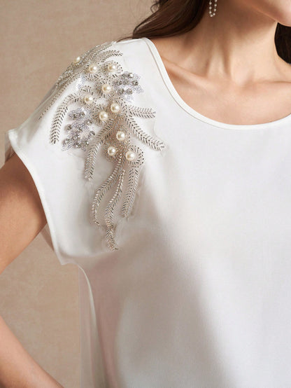 Amorya White,Summer,Elegant,Tea Party Women's Chest Nail Bead Applique Batwing Sleeved Blouse
