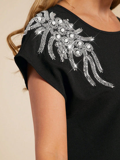 Amorya White,Summer,Elegant,Tea Party Women's Chest Nail Bead Applique Batwing Sleeved Blouse