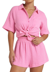 Women's 2 Piece Button Down Shirt and Shorts Set