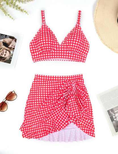 Women's High Waisted Tummy Control Two Piece Gingham Bikini Swimsuit