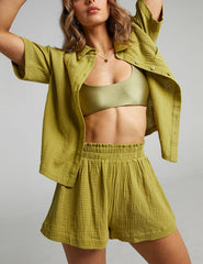 Women's 2 Piece Button Down Shirt and Shorts Set