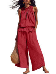 Women's 2 Piece Outfits Sleeveless Ruffle Top Wide Leg Pants Summer Loungewear