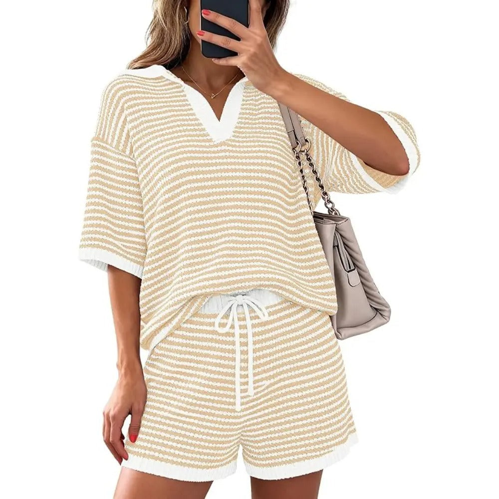 Women’s Striped 2 Piece Lounge Set Short Sleeve V Neck Top Drawstring Shorts Beach Summer Outfits