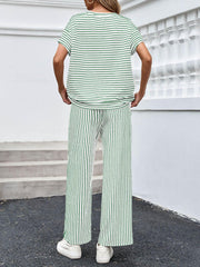 Limited time sale🔥Womens Striped 2 Piece Sets Short Sleeve T Shirts Wide Leg Pants with Pockets