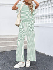 Womens Striped 2 Piece Sets Short Sleeve T Shirts Wide Leg Pants with Pockets