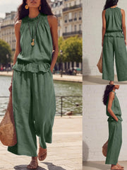 ⏰Hot Sale-Women's 2 Piece Outfits Sleeveless Ruffle Top Wide Leg Pants Summer Loungewear