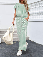 ⏰Hot Sale-Womens Striped 2 Piece Sets Short Sleeve T Shirts Wide Leg Pants with Pockets