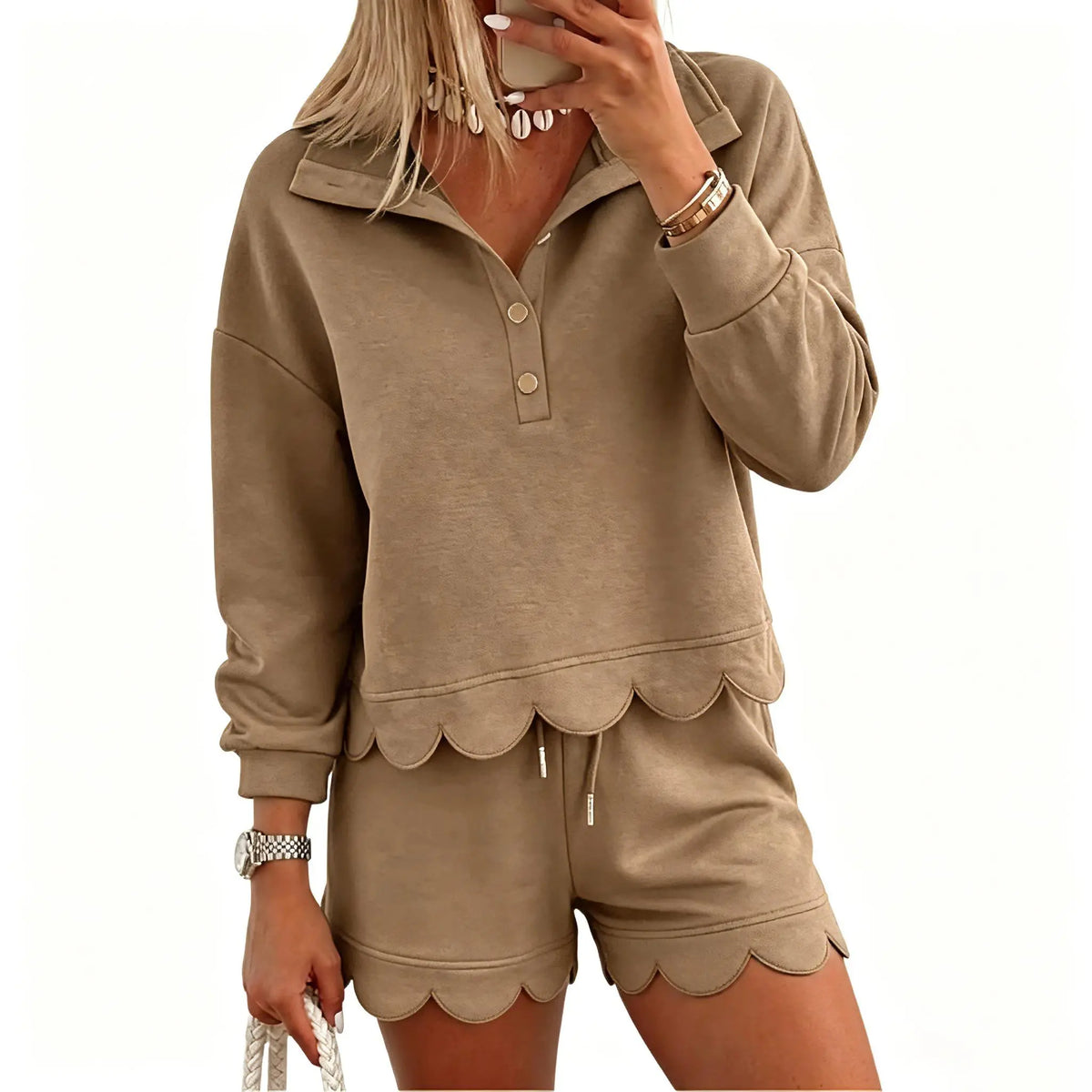 Women Scalloped Hem Half Button Polo Long Sleeve Top & Drawstring Shorts Two Piece Set