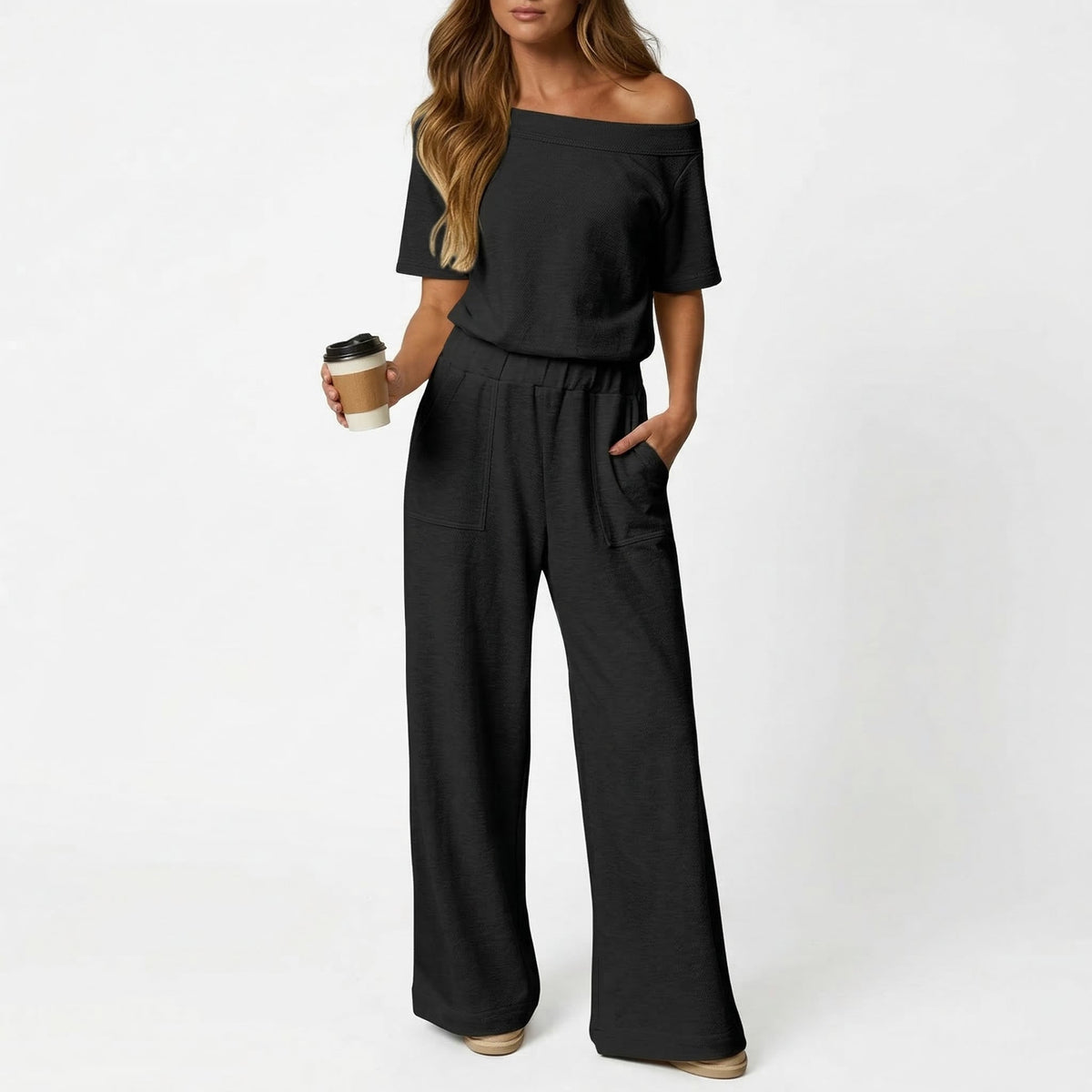 🔥Women's Short Sleeve Back Cutout Casual Wide Leg Loose Fit One-Piece Jumpsuit