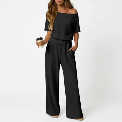 🔥Women's Short Sleeve Back Cutout Casual Wide Leg Loose Fit One-Piece Jumpsuit
