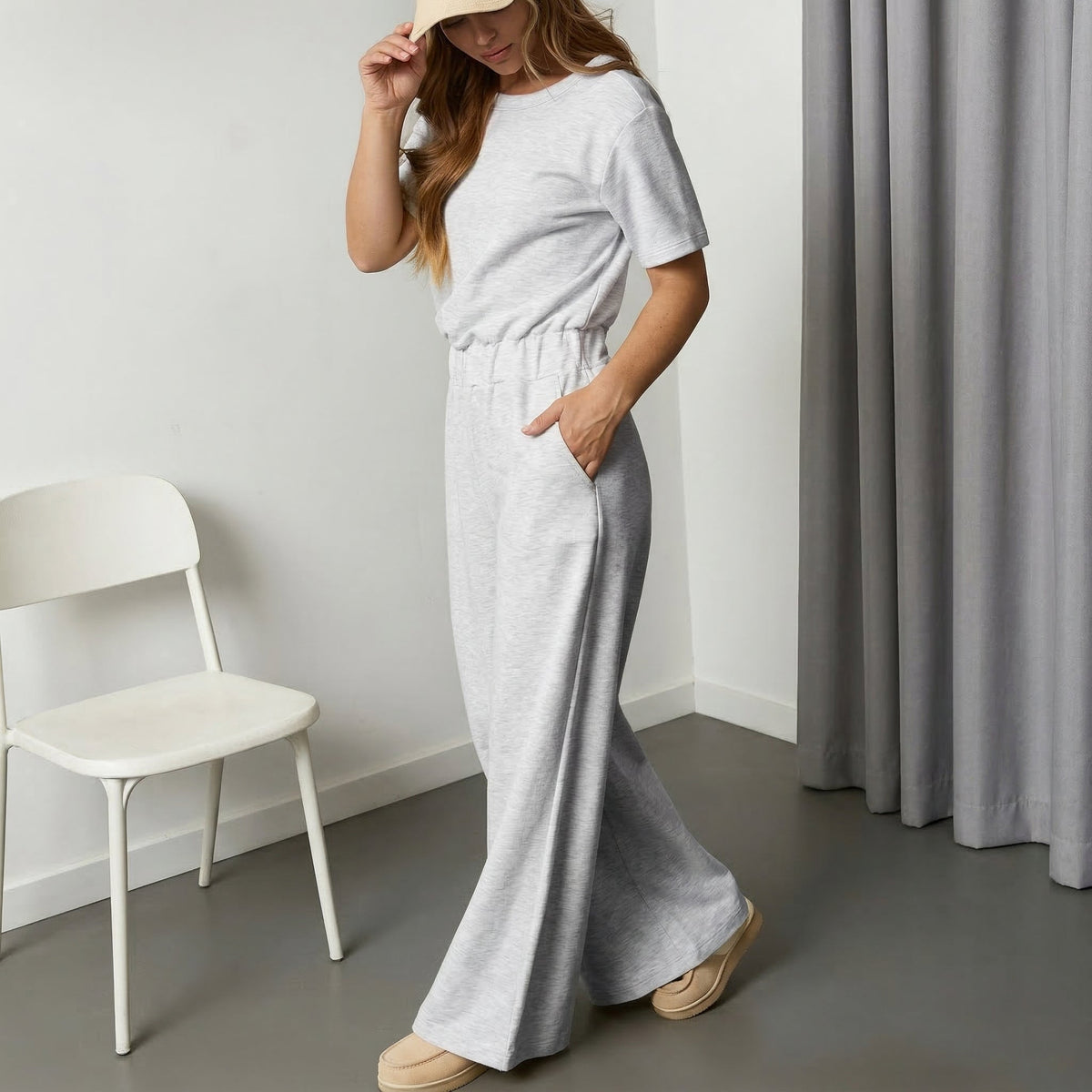 🔥Women's Short Sleeve Back Cutout Casual Wide Leg Loose Fit One-Piece Jumpsuit