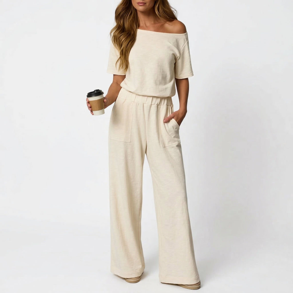 ⏰Hot Sale-Women's Short Sleeve Back Cutout Casual Wide Leg Loose Fit One-Piece Jumpsuit